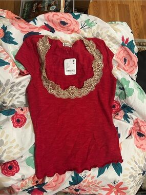 Free People Red Short Sleeve Camisole with Gold Lace Trim